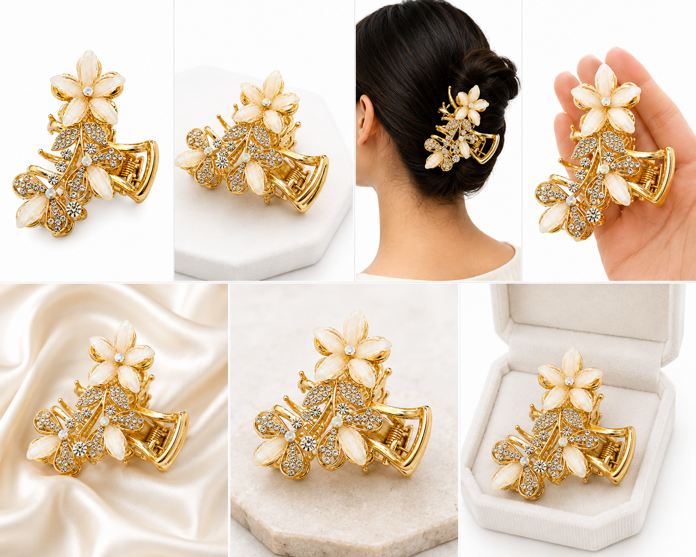 Luxury Gold-Tone White Floral Crystal Hair Claw Clip for Women Astria Jewellery