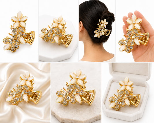 Luxury Gold-Tone White Floral Crystal Hair Claw Clip for Women Astria Jewellery
