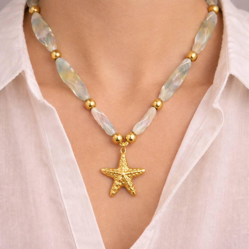 Gold-Plated Starfish Pendant Bead Necklace