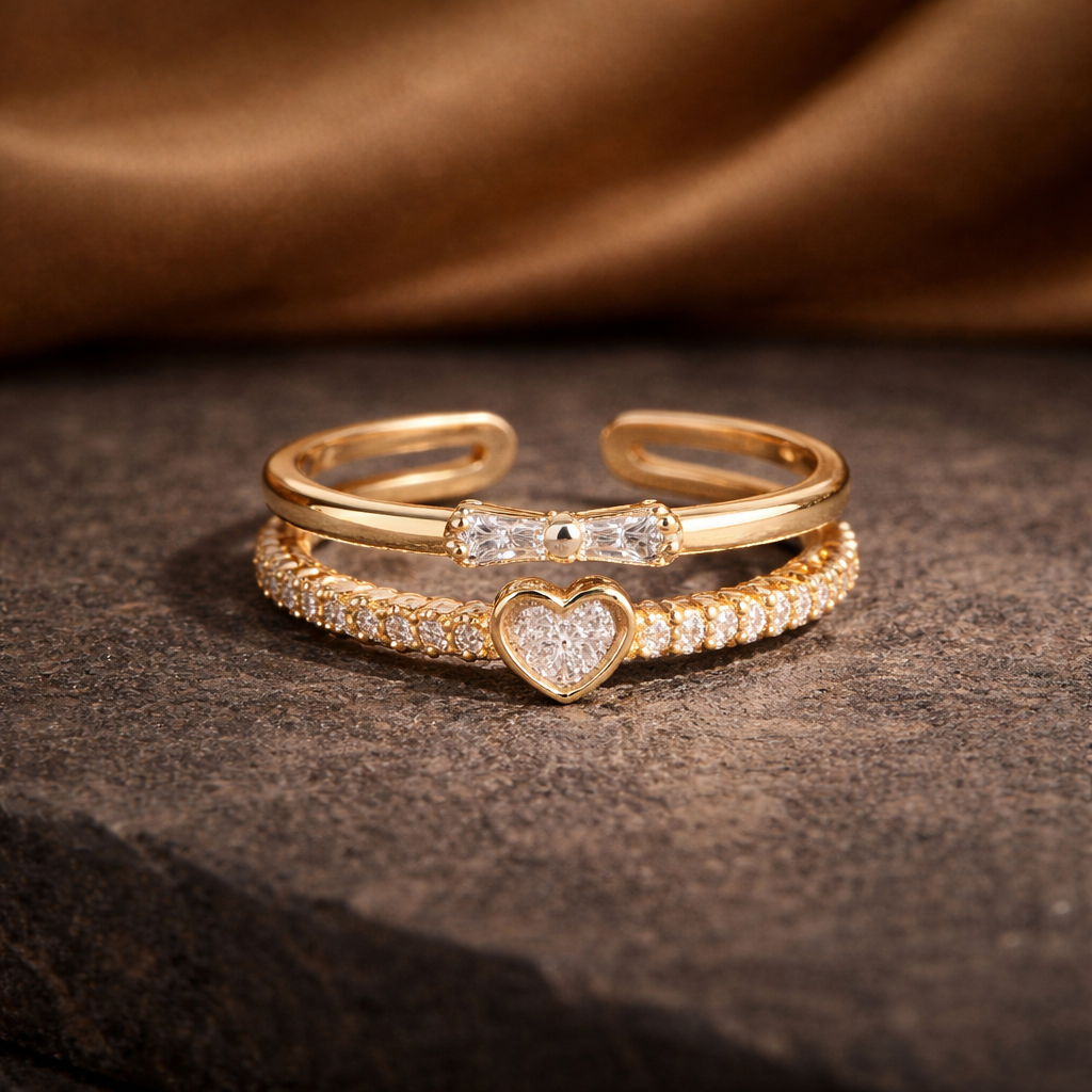 Astria Jewellery Gold-Plated Adjustable Double Band Heart Ring with CZ – Elegant Ring for Women