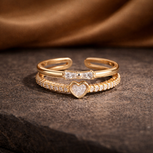 Astria Jewellery Gold-Plated Adjustable Double Band Heart Ring with CZ – Elegant Ring for Women