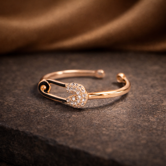 Astria Jewellery Rose Gold-Plated Safety Pin Ring with CZ – Adjustable Trendy Ring for Women