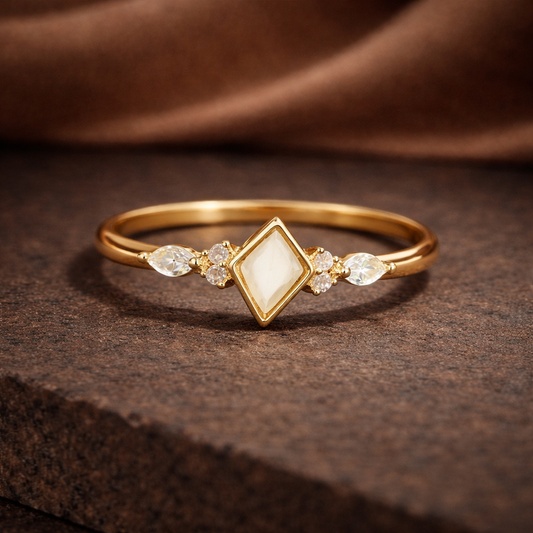 Gold-Plated Geometric Ring for Women – Mother of Pearl -Shape Stone with Crystal Accents | Adjustable Elegant Finger Ring