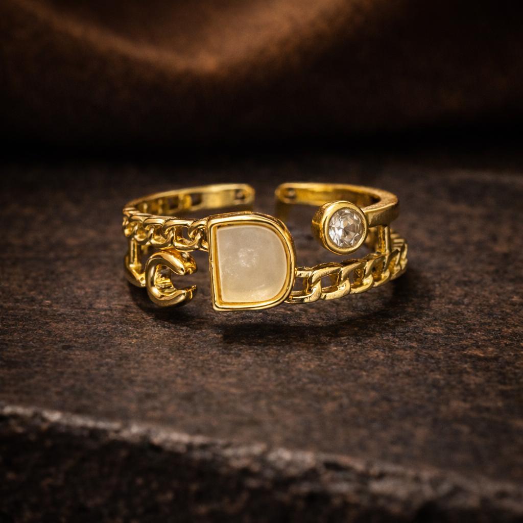 Gold-Plated Adjustable Open Ring for Women – Chain Link Design with CZ Stone | Trendy Statement Fashion Ring for Daily & Party Wear