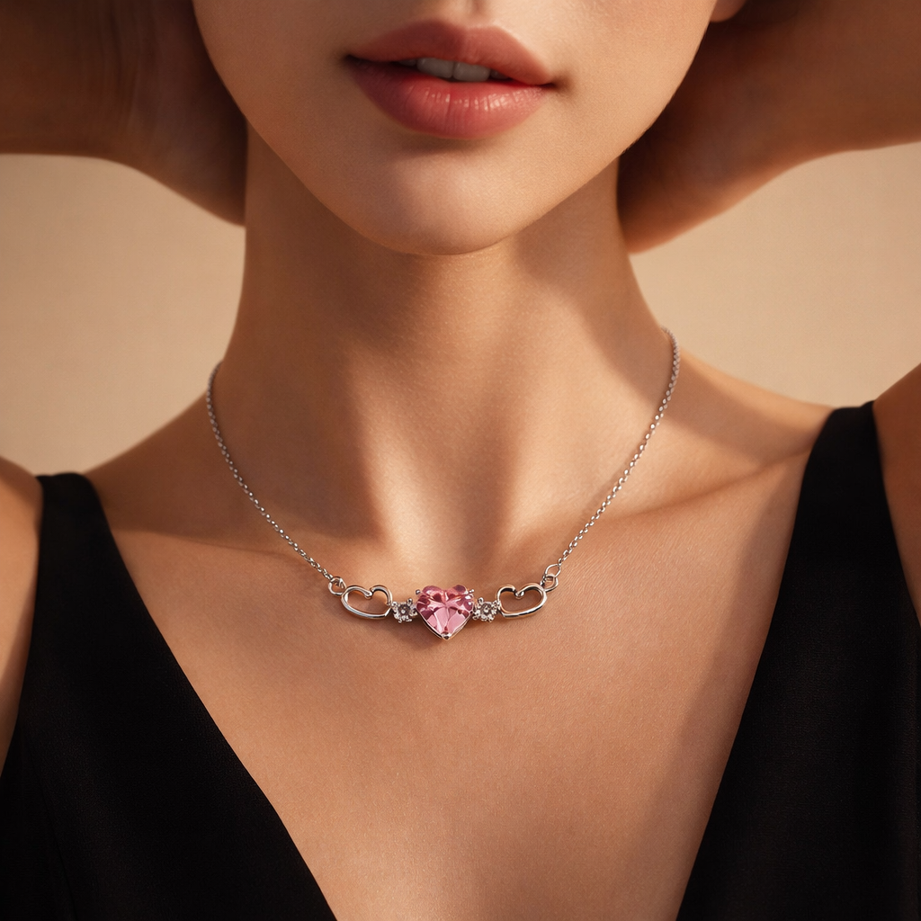Necklace with a pink heart pendant worn by a model against a neutral background