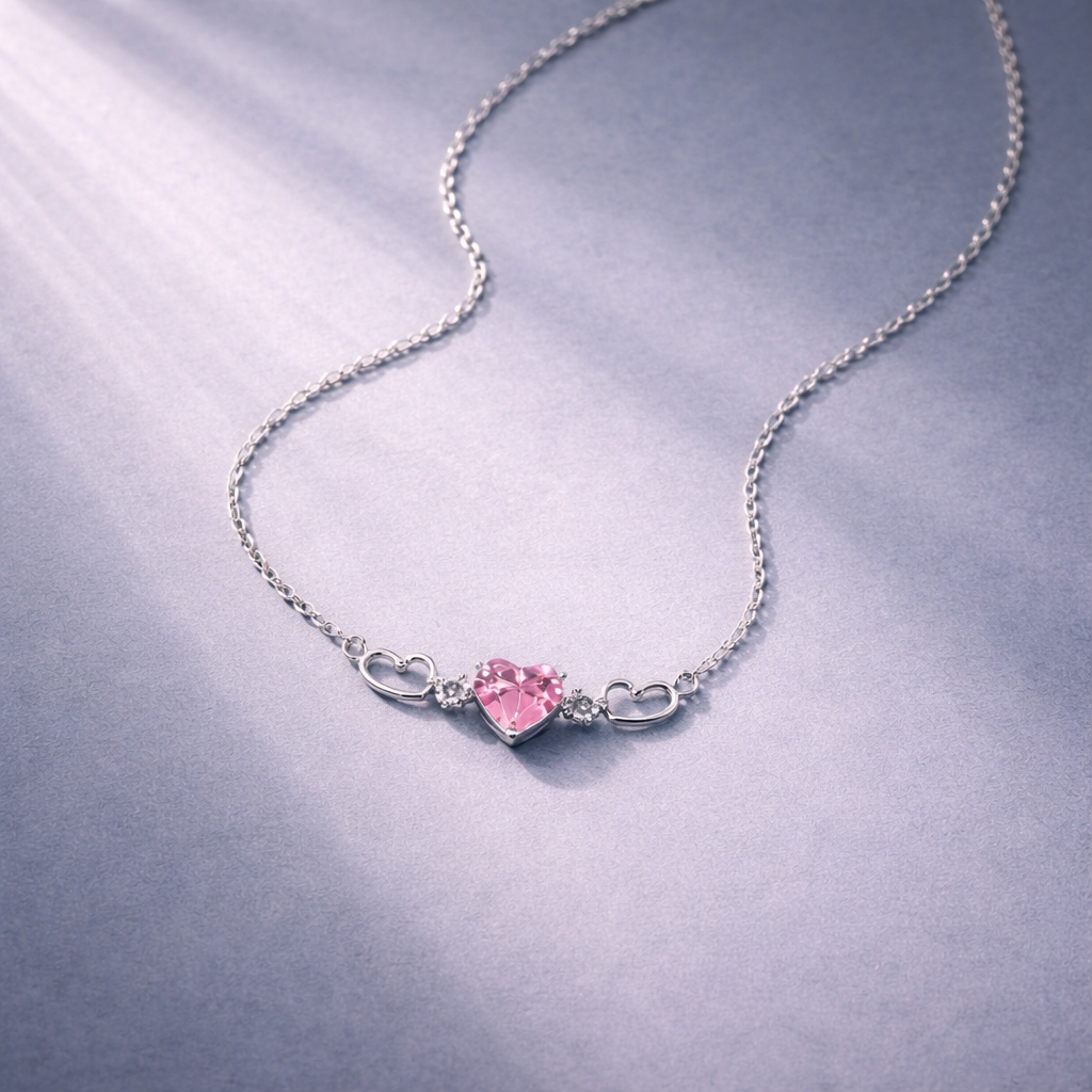 Necklace with a pink heart-shaped pendant on a reflective surface