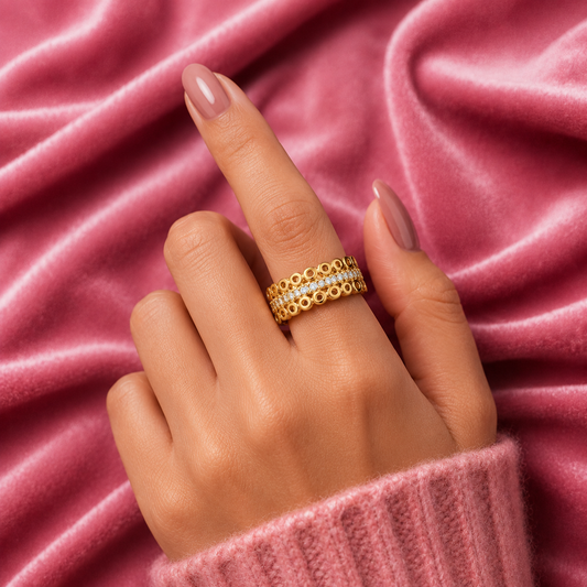 Triple Row Circular Pattern Ring for Women | Gold-Plated Cubic Zirconia Statement Ring | Anti-Tarnish Designer Band Astria Jewellery