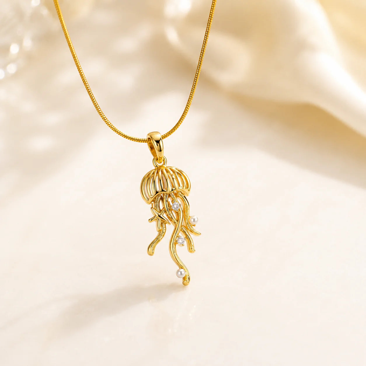 Gold Jellyfish Pendant Necklace for Women | Ocean-Inspired Pearl & Crystal Necklace | Elegant Snake Chain Necklace