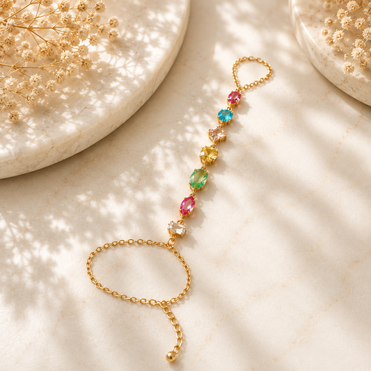 Gold Plated Multicolor Crystal Hand Harness Bracelet for Women | Adjustable Statement Hathphool | Rainbow Gemstone Finger Bracelet Astria Jewellery