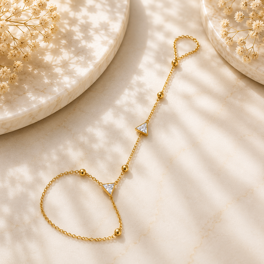 Gold Plated Triangle Crystal Hand Harness Bracelet for Women | Minimalist Adjustable Hathphool | Geometric Finger Bracelet Astria Jewellery