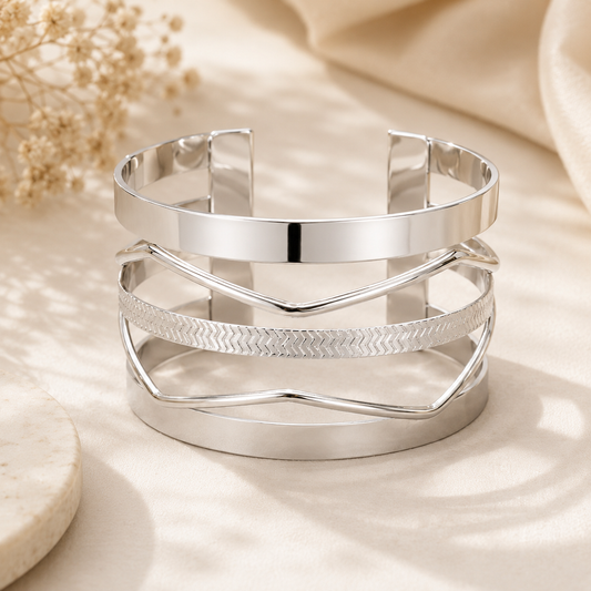 Silver Layered Open Cuff Bracelet for Women | Multi-Layer Stainless Steel Bangle | Minimalist Statement Cuff Astria Jewellery