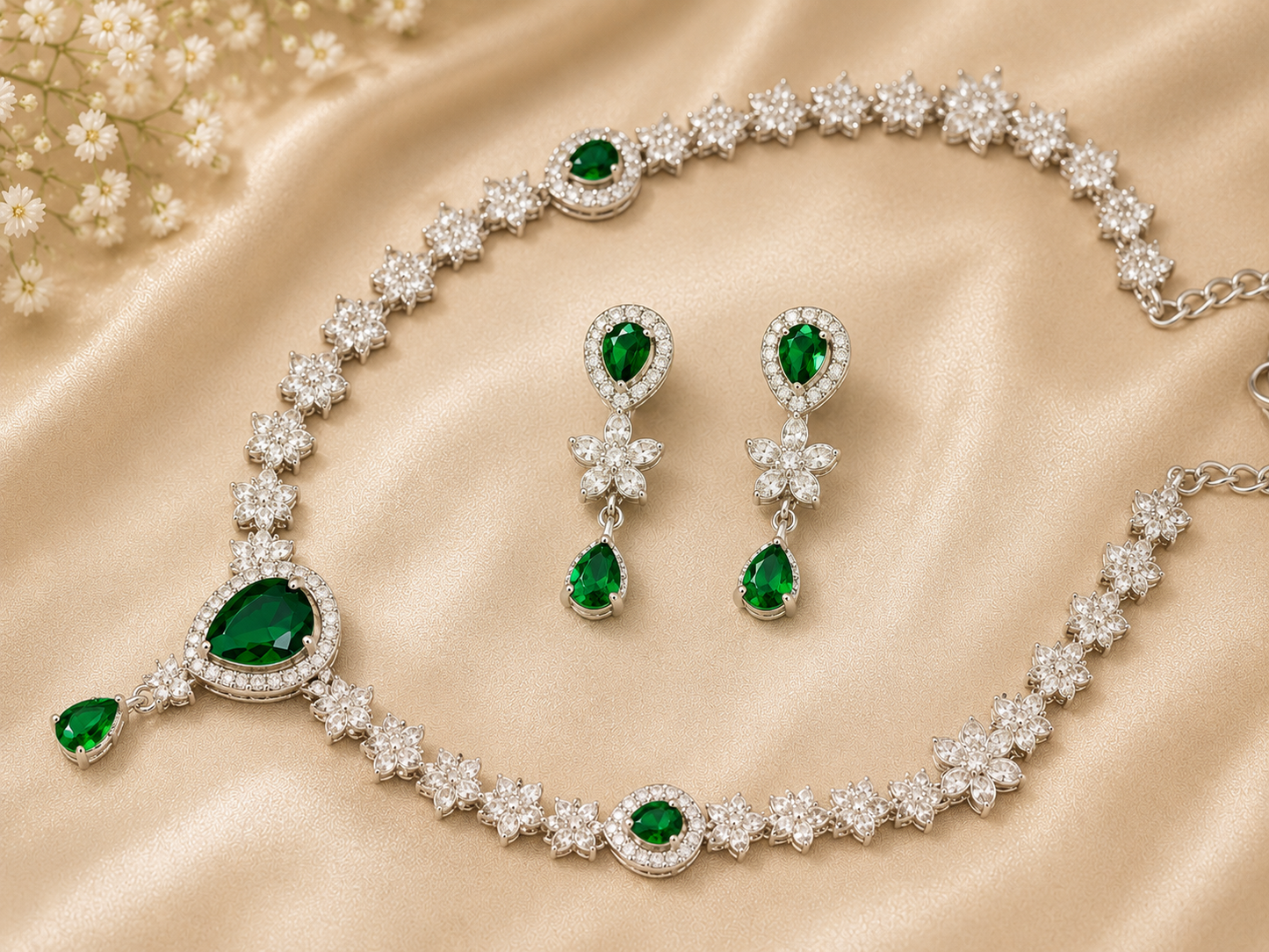 Emerald Green CZ Floral Necklace Set for Women | American Diamond Bridal Jewellery Set with Drop Earrings | Silver-Plated Party Wear Set