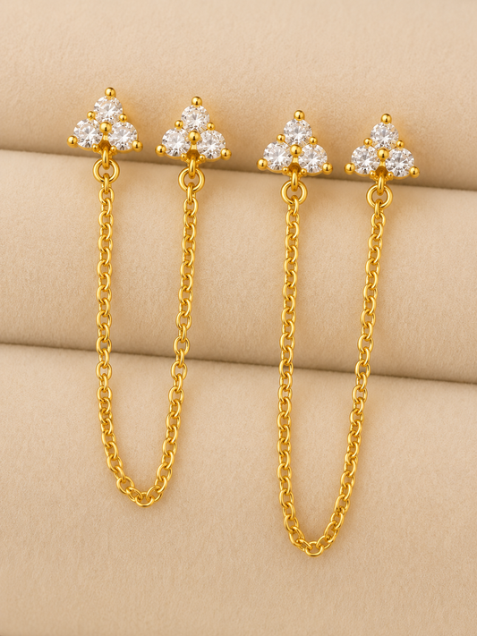 Gold Plated CZ Chain Stud Earrings for Women | Double Flower Chain Earrings | Anti-Tarnish Statement Earrings Astria Jewellery