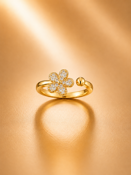 Daisy Flower Gold-Plated Cubic Zirconia Adjustable Ring for Women | Floral Open Ring Astria Jewellery