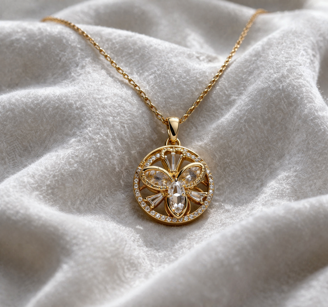 Astria Jewellery Gold Plated Butterfly Zircon Pendant Necklace for Women | Elegant Round Halo Charm Chain | Stylish Daily & Party Wear Jewellery