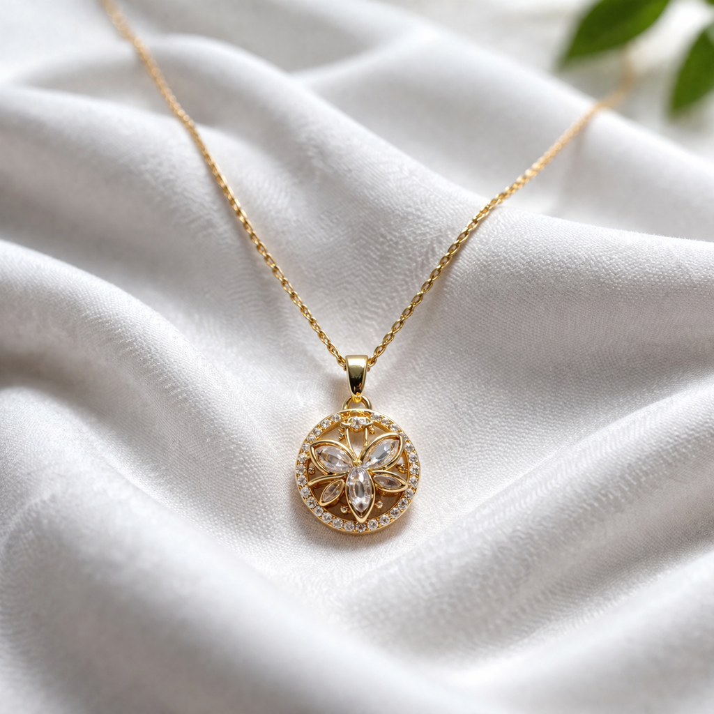 Astria Jewellery Gold Plated Butterfly Zircon Pendant Necklace for Women | Elegant Round Halo Charm Chain | Stylish Daily & Party Wear Jewellery