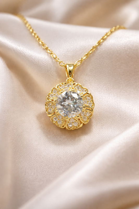 Astria Jewellery Gold Plated Solitaire Zircon Floral Halo Pendant Necklace for Women | Luxury Round Cut Statement Chain | Elegant Daily & Party Wear
