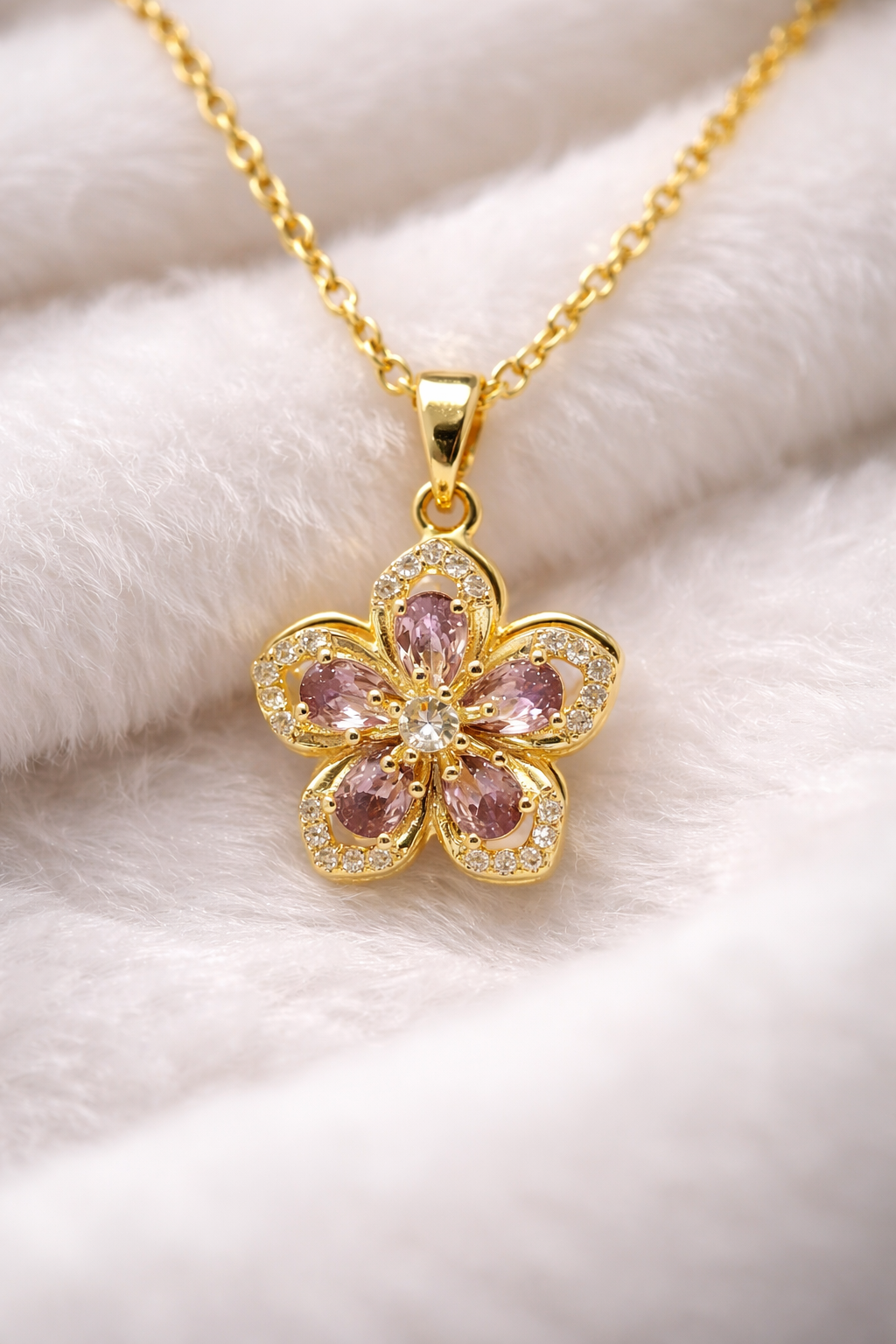 Astria Jewellery Gold Plated Pink Stone Floral Pendant Necklace for Women | Elegant Blossom Design with Zircon Accents | Stylish Daily & Party Wear Chain