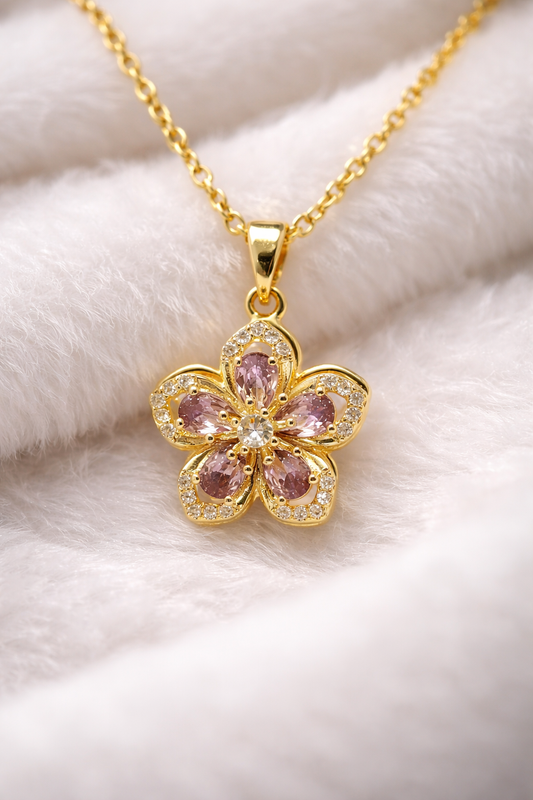 Astria Jewellery Gold Plated Pink Stone Floral Pendant Necklace for Women | Elegant Blossom Design with Zircon Accents | Stylish Daily & Party Wear Chain