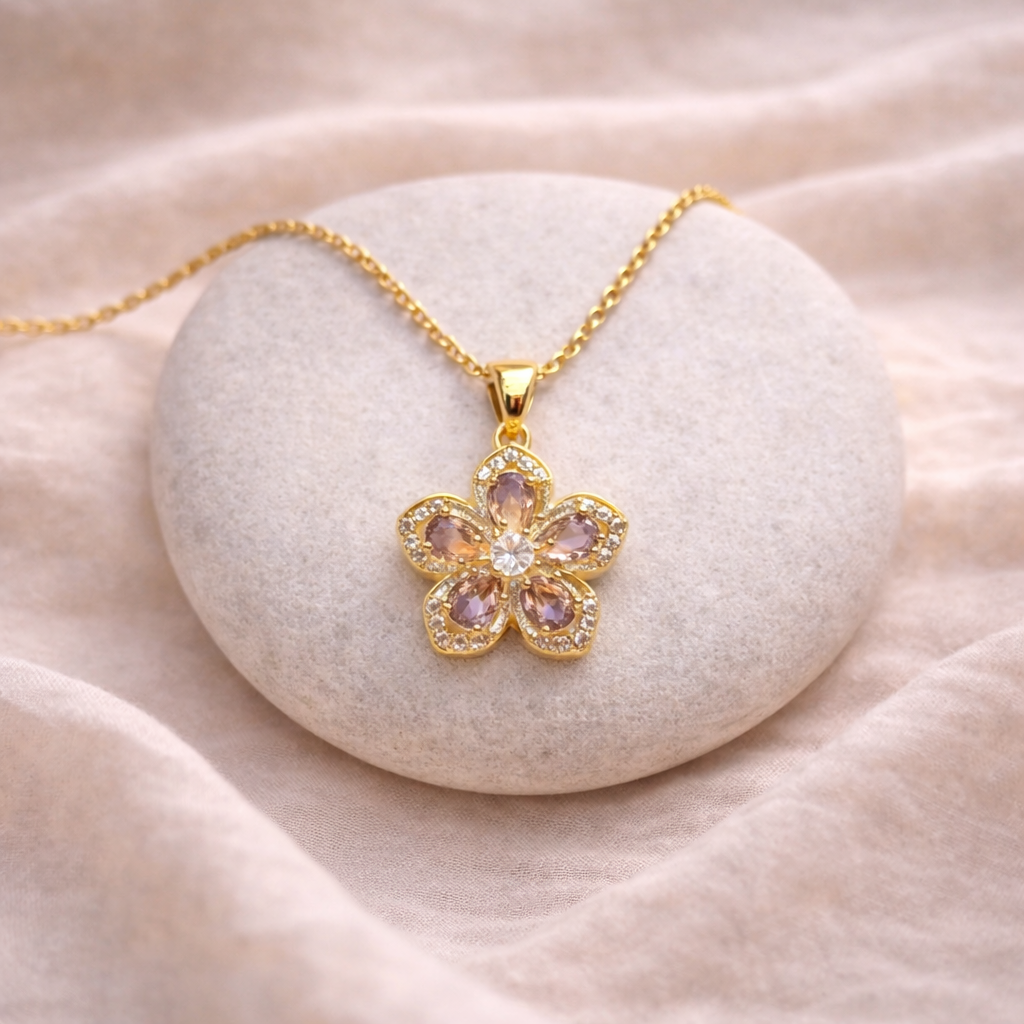 Astria Jewellery Gold Plated Pink Stone Floral Pendant Necklace for Women | Elegant Blossom Design with Zircon Accents | Stylish Daily & Party Wear Chain