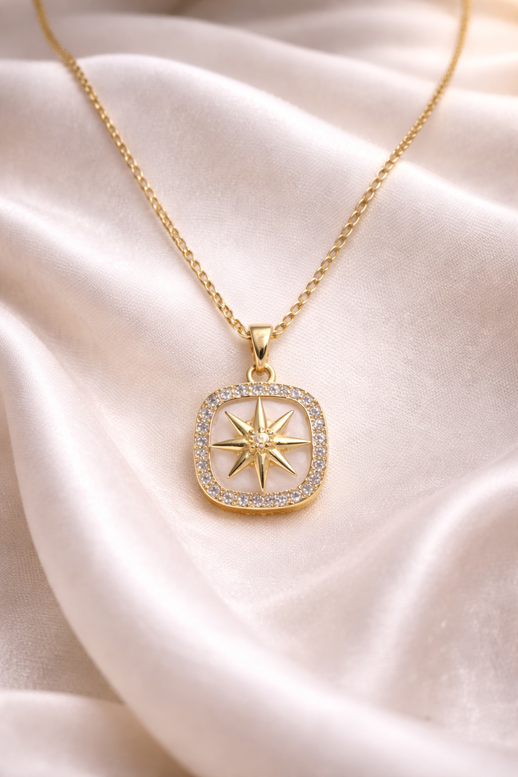 Astria Jewellery Gold Plated North Star Pendant Necklace for Women | Zircon Halo Square Charm Chain | Elegant Minimal Statement Jewellery