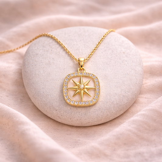 Astria Jewellery Gold Plated North Star Pendant Necklace for Women | Zircon Halo Square Charm Chain | Elegant Minimal Statement Jewellery