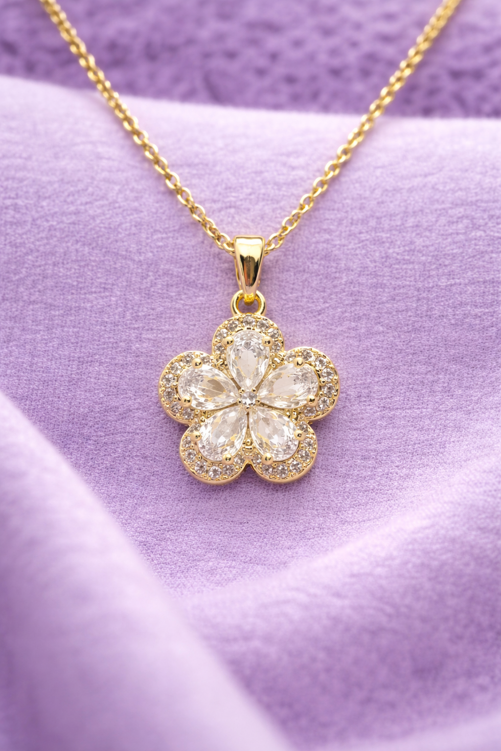 Astria Jewellery Gold Plated Crystal Floral Pendant Necklace for Women | Sparkling Blossom Design with Zircon Halo | Elegant Daily & Party Wear Chain