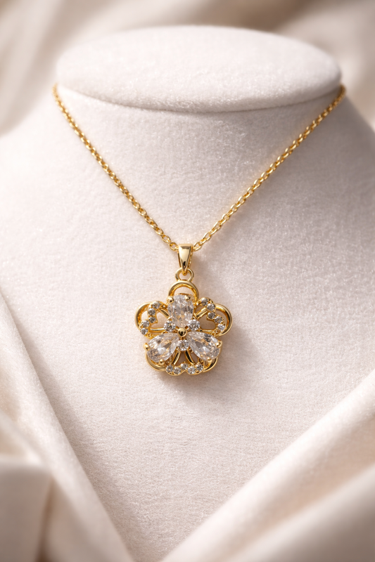 Astria Jewellery Gold Plated Floral Zircon Pendant Necklace for Women | Elegant Blossom Design Chain | Lightweight Daily Wear Jewellery Gift