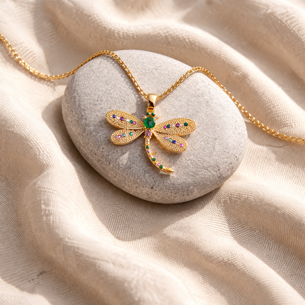 Gold dragonfly pendant necklace on a stone with a soft beige fabric background
