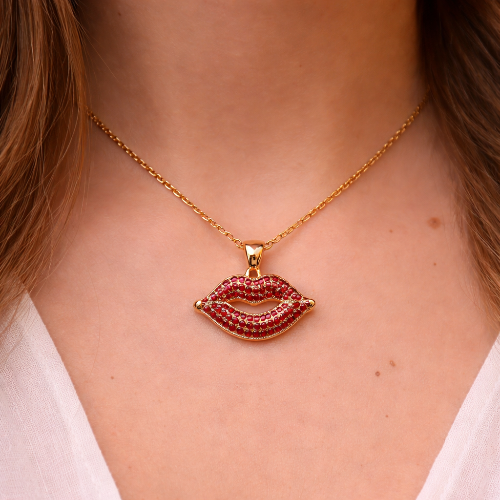 Gold-Plated Red CZ Lips Pendant Necklace