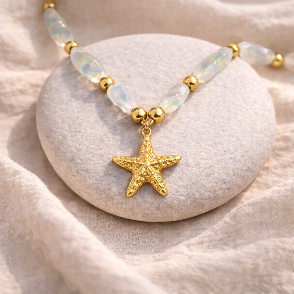Gold-Plated Starfish Pendant Bead Necklace