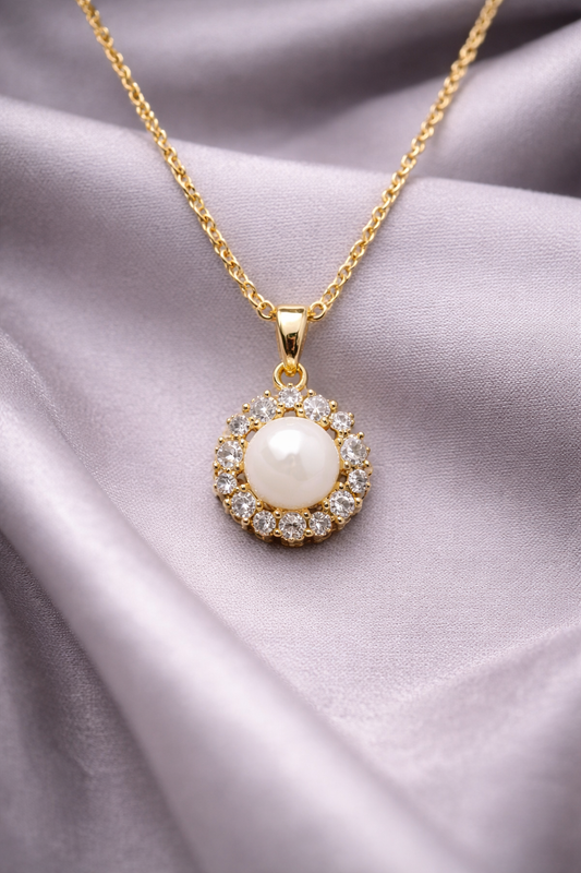 Astria Jewellery Gold Plated White Stone Halo Pendant Necklace for Women | Elegant Zircon Round Charm Chain | Classic Daily & Party Wear Jewellery