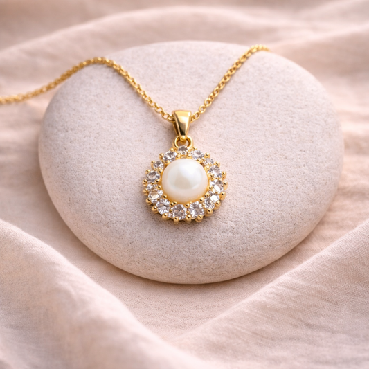 Astria Jewellery Gold Plated White Stone Halo Pendant Necklace for Women | Elegant Zircon Round Charm Chain | Classic Daily & Party Wear Jewellery
