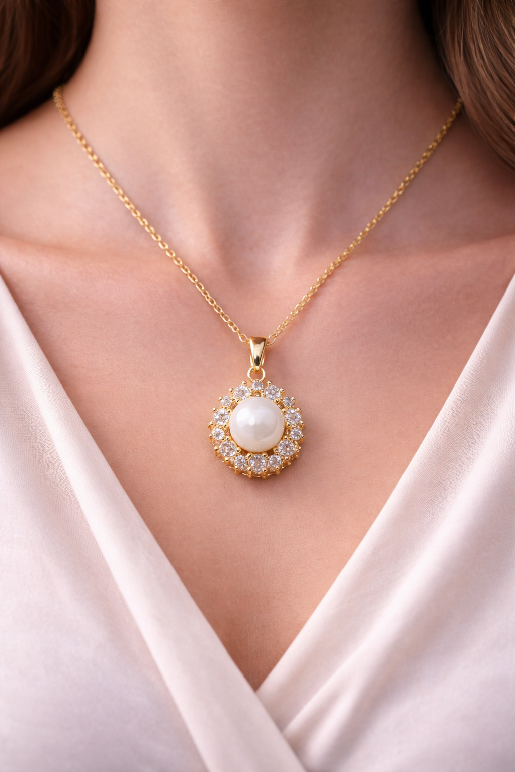 Astria Jewellery Gold Plated White Stone Halo Pendant Necklace for Women | Elegant Zircon Round Charm Chain | Classic Daily & Party Wear Jewellery