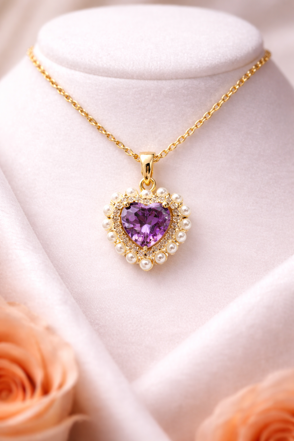 Astria Jewellery Gold Plated Purple Heart Crystal Pendant Necklace for Women | Pearl Halo Charm Chain