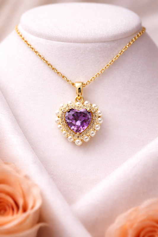 Astria Jewellery Gold Plated Purple Heart Crystal Pendant Necklace for Women | Pearl Halo Charm Chain
