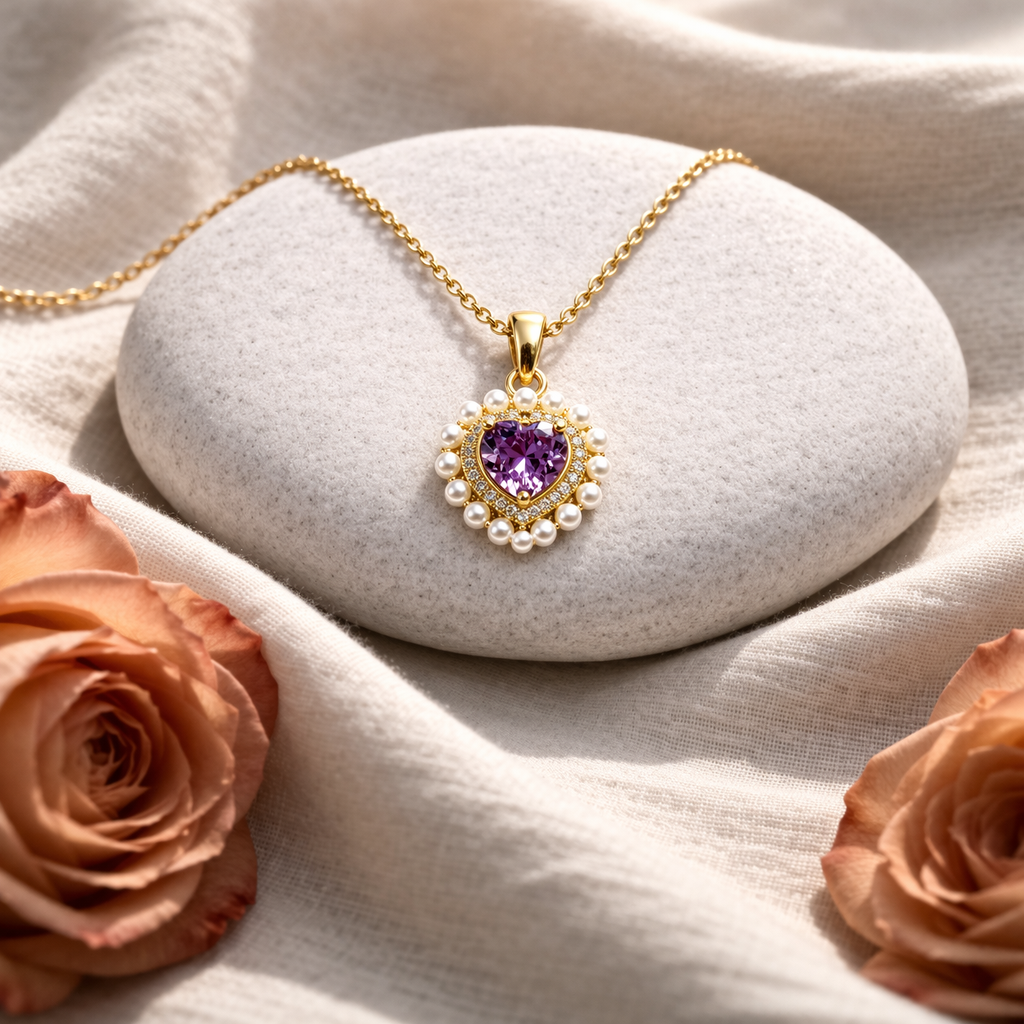 Astria Jewellery Gold Plated Purple Heart Crystal Pendant Necklace for Women | Pearl Halo Charm Chain