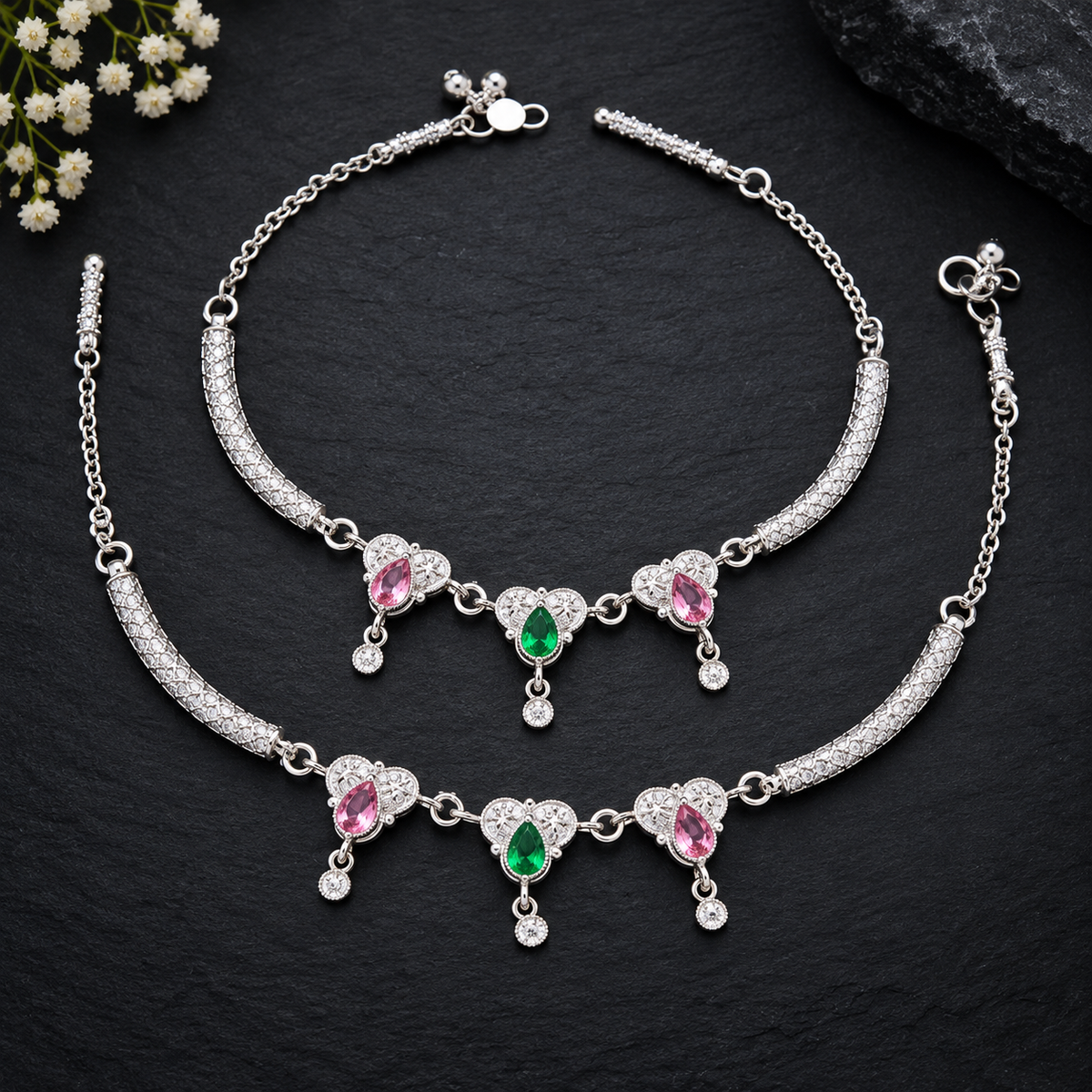 Oxidized Silver Anklet Pair