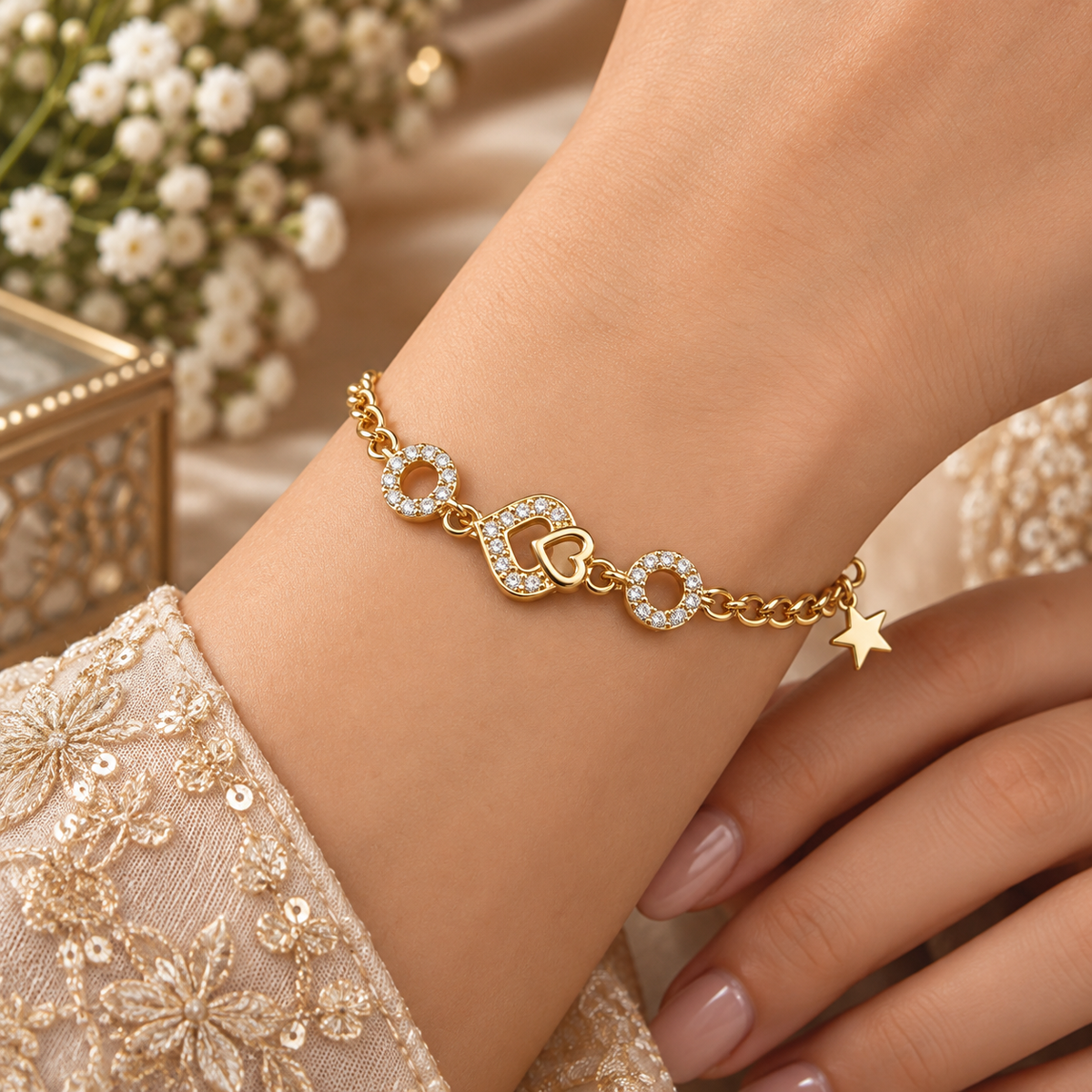 Gold-Tone Heart Bracelet with Sparkling Stones ASTRIA JEWELLERY