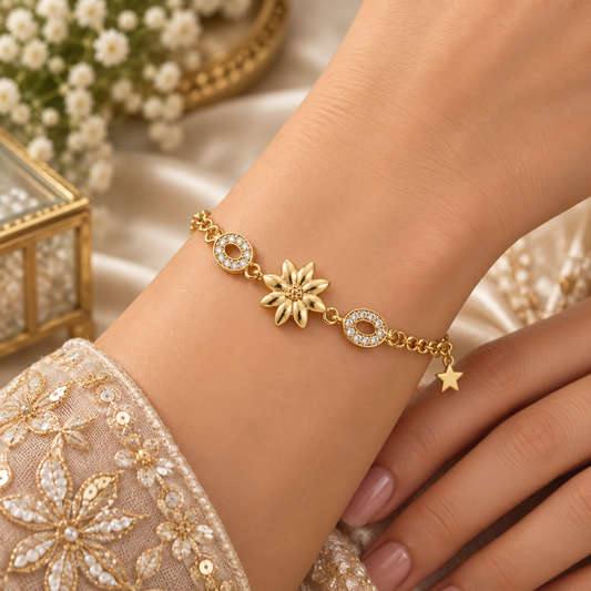 Gold-Tone Floral Bracelet with Sparkling Stones ASTRIA JEWELLERY