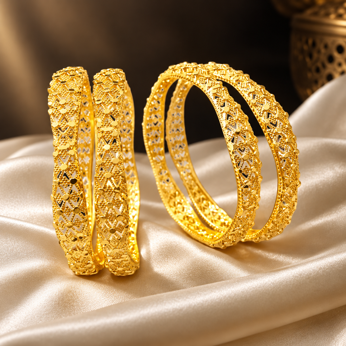 Gold-Tone Designer Bangles Set with Intricate Embossed Pattern – Astria Jewellery (view 2)