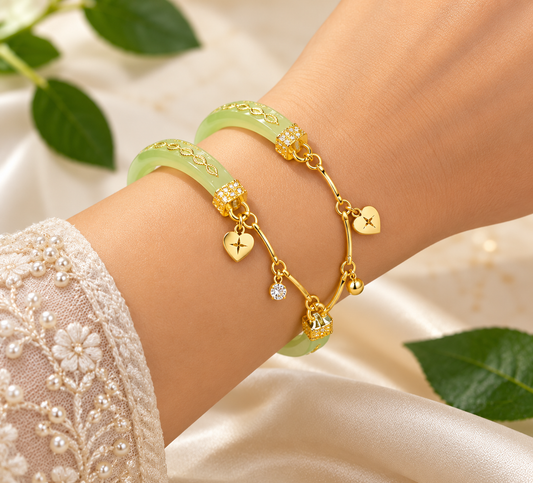 Gold-Tone Green Bangle Bracelet with Heart Charms ASTRIA JEWELLERY