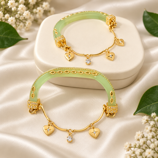 Gold-Tone Green Bangle Bracelet with Heart Charms ASTRIA JEWELLERY