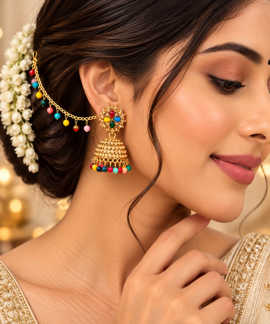 Gold-Plated Multicolored Stone Studded Traditional Jhumka Earrings ASTRIA JEWELLERY