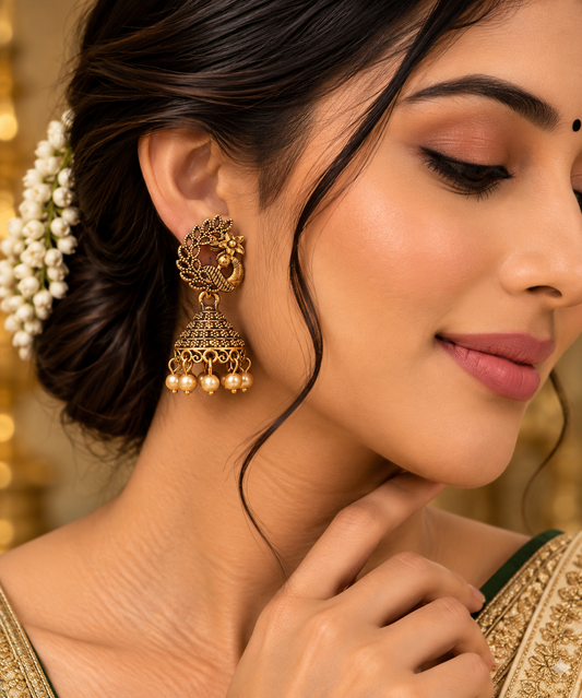 Traditional Peacock Design Studded Jhumka Earrings with Pearl Hanging ASTRIA JEWELLERY