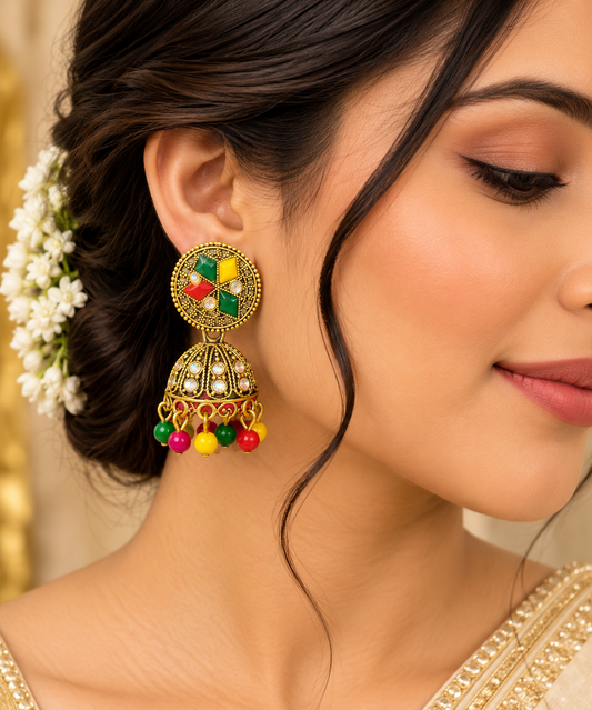 Gold-Plated Multicolored Stone Studded Traditional Jhumka ASTRIA JEWELLERY