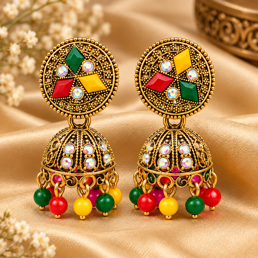 Gold-Plated Multicolored Stone Studded Traditional Jhumka ASTRIA JEWELLERY