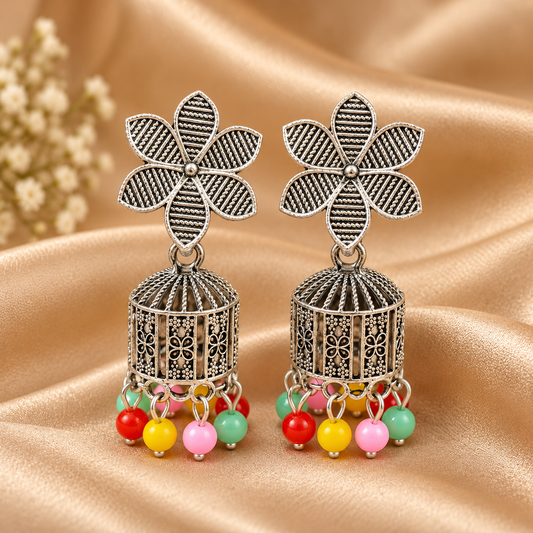 Oxidized Silver-Plated Floral Studded Traditional Jhumka ASTRIA JEWELLERY