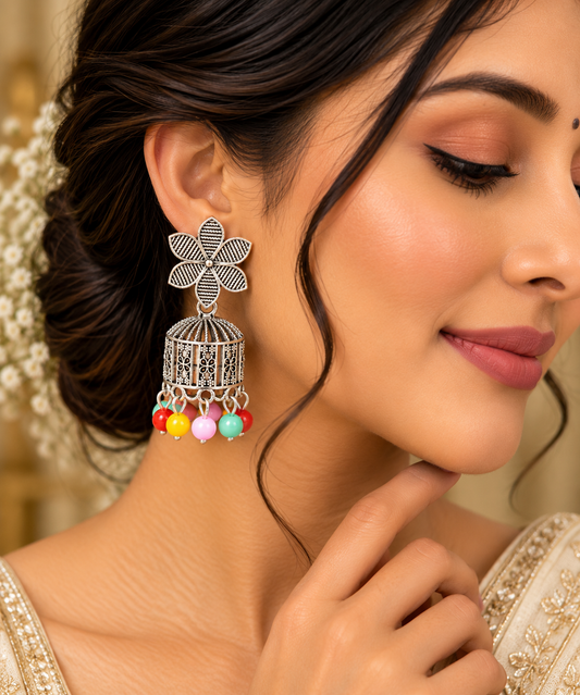 Oxidized Silver-Plated Floral Studded Traditional Jhumka ASTRIA JEWELLERY