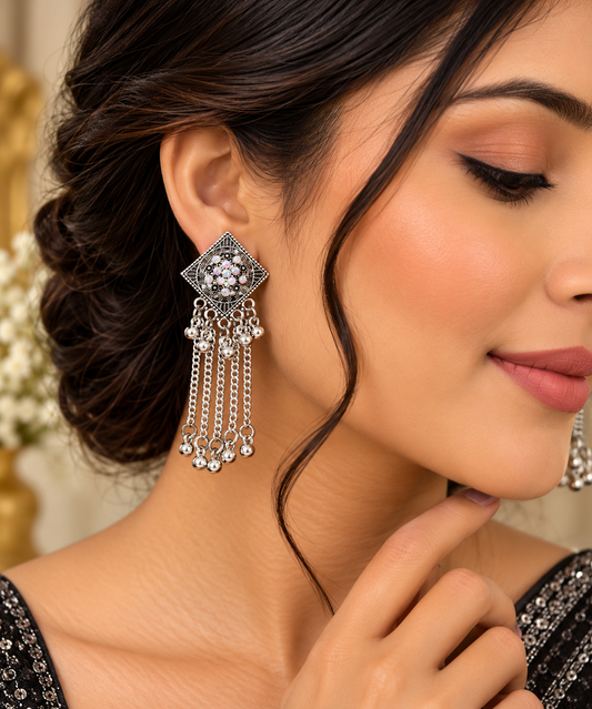 Oxidized Silver-Plated Crystal Studded Geometric Long Dangle Chain Earring ASTRIA JEWELLERY